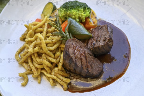 Springbok fillet with spaetzle in a restaurant, Windhoek, Khomas region, Namibia