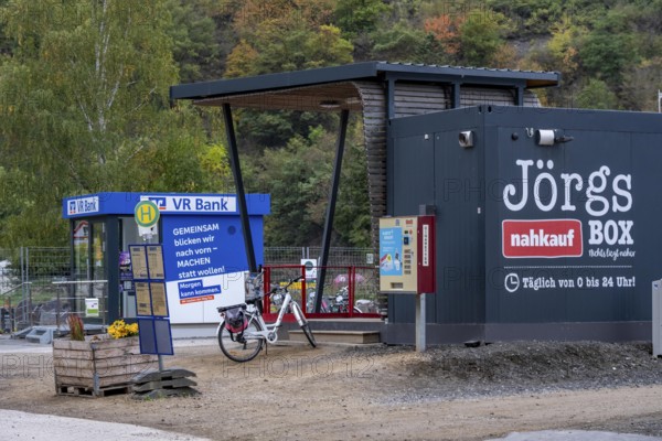 Reconstruction in the Ahr Valley, after the flood of July 2021, temporary vending machine branch of VR Bank and self-service mini market, near Altenahr, Rhineland-Palatinate