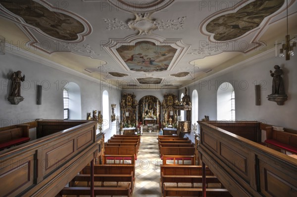 View from the organ gallery into the church of the Nativity of Mary, fortified church, third-largest fortified church in Germany, Hannberg, Middle Franconia, Bavaria, Germany