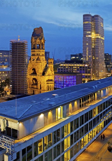 Bikini Berlin with Kaiser Wilhelm Memorial Church from an elevated position in the evening, Charlottenburg, Berlin, Germany