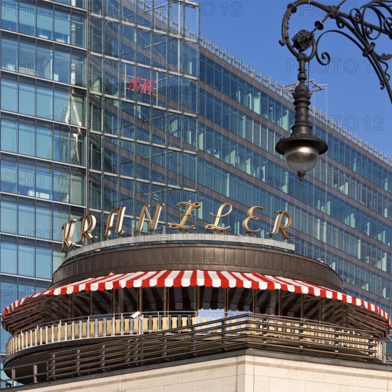 Café Kranzler with historic lantern and modern office building on Kurfürstendamm, Charlottenburg, Berlin, Germany