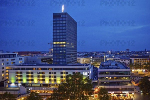 Europa-Center seen from an elevated position in the evening, Charlottenburg, Berlin, Germany