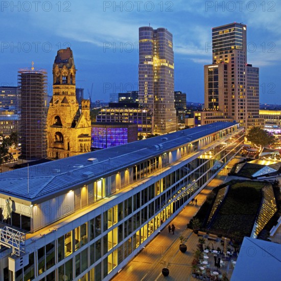 Bikini Berlin with Kaiser Wilhelm Memorial Church from an elevated position in the evening, Charlottenburg, Berlin, Germany