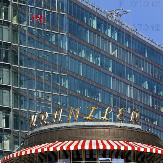 Historic Café Kranzler logo with modern office building and H&M logo on Kurfürstendamm, Charlottenburg, Berlin, Germany