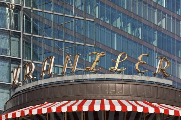 Historic logo of Café Kranzler with modern office building on Kurfürstendamm, Charlottenburg, Berlin, Germany