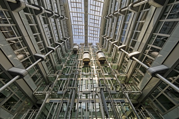Atrium with three panoramic lifts, interior lift, Ludwig-Erhard-Haus, abbreviated LEH, Charlottenburg, City-West, Berlin, Germany
