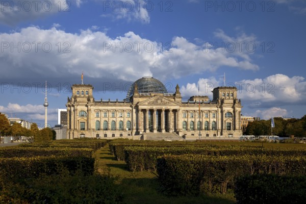Reichstag, German Bundestag, Republic Square with Berlin TV Tower in the background, Berlin, Germany