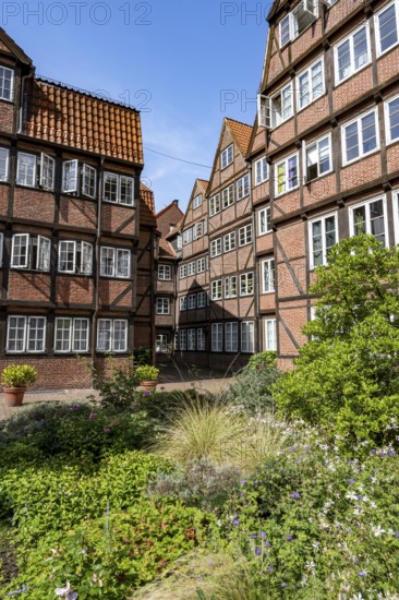 Facades of the historic brick buildings, inner courtyard, view over the city, Peterstraße, composers' quarter, Neustadt, Hamburg, Germany