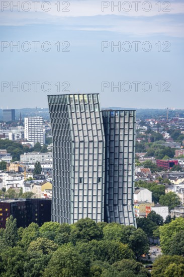 View over the city from the tower of St Michael's Church, Tanzende Türme skyscraper, St Pauli, Hamburg, Germany