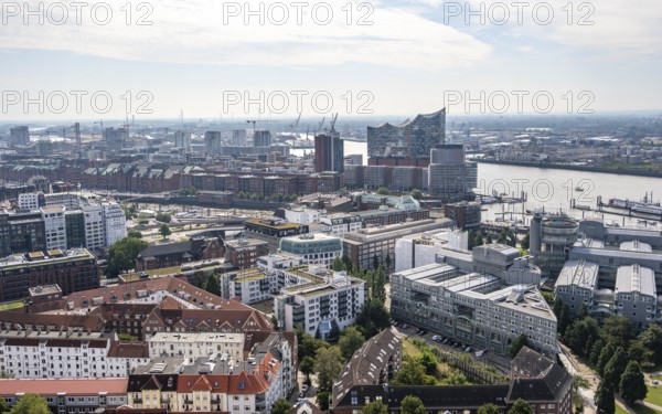City view, view of the Elbe with Elbphilharmonie, from the tower of St Michael's Church, Hamburg, Germany