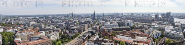 Panorama, city view, view over the city with church towers, town hall tower and Elbphilharmonie, from the tower of St Michael's Church, Hamburg, Germany