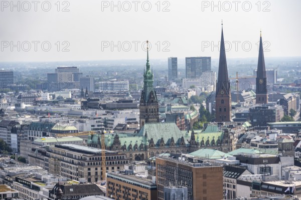 City view, view over the city with church towers and town hall tower, from the tower of St Michael's Church, Hamburg, Germany