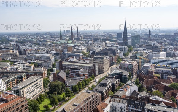 City view, view over Hamburg city centre with church towers and town hall tower, from the tower of St. Michael's Church, Hamburg, Germany
