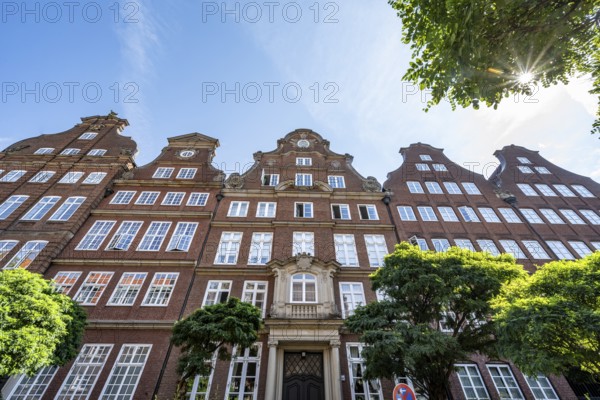 Facades of the historic brick buildings in Peterstraße, with Sonnenstern, Komponistenviertel, Neustadt, Hamburg, Germany