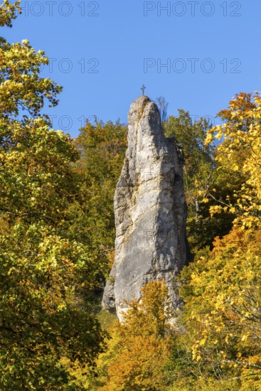 Rock needle mixed forest in autumn colours, limestone rock, autumn, Gutenstein, Danube valley, Upper Danube nature park Park, Baden-Württemberg, Germany