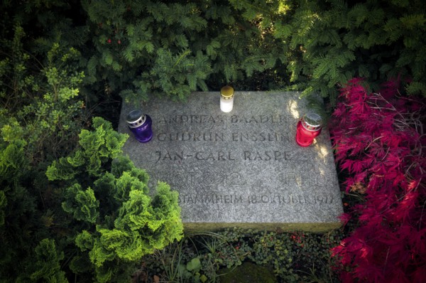 Grave, tomb, burial place of RAF Red Army Faction members, terrorists, Andreas Baader, Gudrun Ensslin, Jan Carl Raspe, buried after suicide on the night of death on 18 October 1977, Stammheim Prison, Dornhalden Cemetery, Stuttgart, Baden-Württemberg, Germany