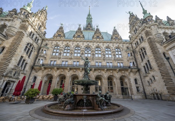 Inner courtyard of Hamburg City Hall with Hygieia fountain, Hamburg, Germany