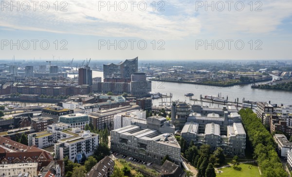 City view, view of the Elbe with Elbphilharmonie, from the tower of St Michael's Church, Hamburg, Germany