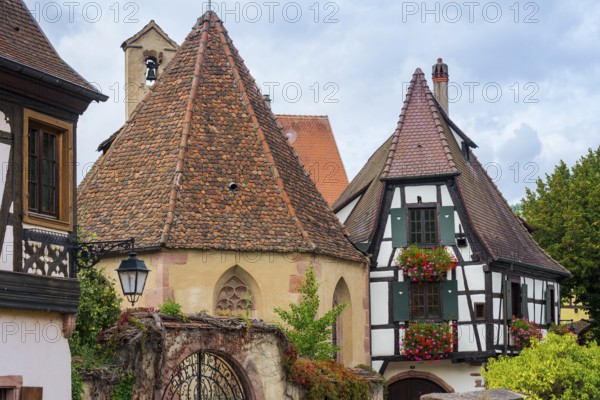 Picturesque Kaysersberg with half-timbered houses in the old town centre