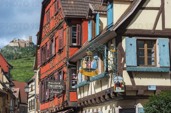 Historic town view with St Ulrich's Castle and half-timbered houses in Ribeauvillè