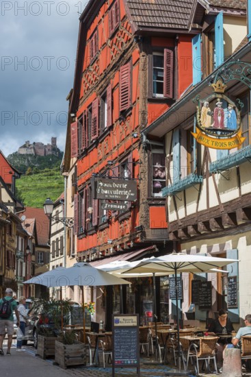 Historic town view with St Ulrich's Castle and half-timbered houses in Ribeauvillè