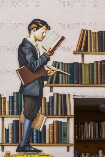 Historical wall relief with young pupil at the library, Ribeauvillè