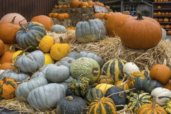 A colourful collection of pumpkins on straw bales, autumn atmosphere and rural scene, Münsterland, North Rhine-Westphalia, Germany
