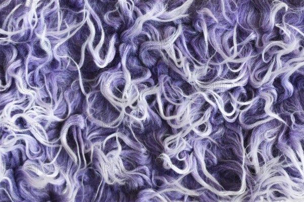 Close up of purple and white synthetic fake sheep wool-like fur