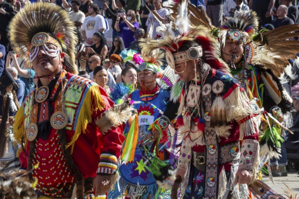 Detroit, Michigan USA - 13 October 2025 - On Indigenous People's Day, Native American tribes held a Pow Wow in downtown Detroit. The city of Detroit (originally Waawiyatanong) recognizes the day as Indigenous People's Day, while the federal government observes it only as Columbus Day