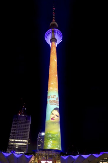 Berlin TV Tower, Taylor Swift, new album, advertising, The Life is a Showgirl, 21st BERLIN FESTIVAL OF LIGHTS, motto Let's Shine Together, light installations, 9 October 2025, Berlin, Germany, < english> 21st BERLIN FESTIVAL OF LIGHTS, motto Let's Shine Together, light installations, October 9, 2025, Berlin, Germany