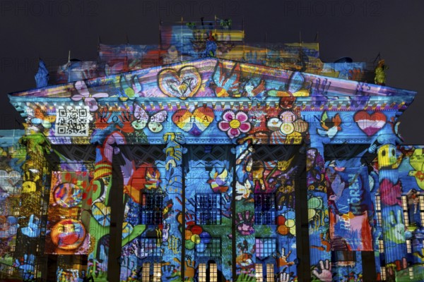 Concert hall Berlin, Gendarmenmarkt, 21st BERLIN FESTIVAL OF LIGHTS, motto Let's Shine Together, light installations, 8 October 2025, Berlin, Germany, opening day in the drizzle, art action The Hands of Berlin< english> 21st BERLIN FESTIVAL OF LIGHTS, motto Let's Shine Together, light installations, October 8, 2025