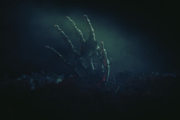 A single skeletonised hand protruding eerily from the dark earth, Halloween