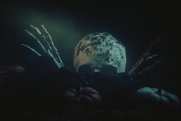 Halloween scene with a skull, skeletonised hands and pumpkins in dark earth