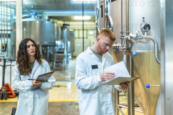 Employees wearing lab coats inspecting production process and quality control data inside a modern craft brewery, ensuring product standards and operational efficiency