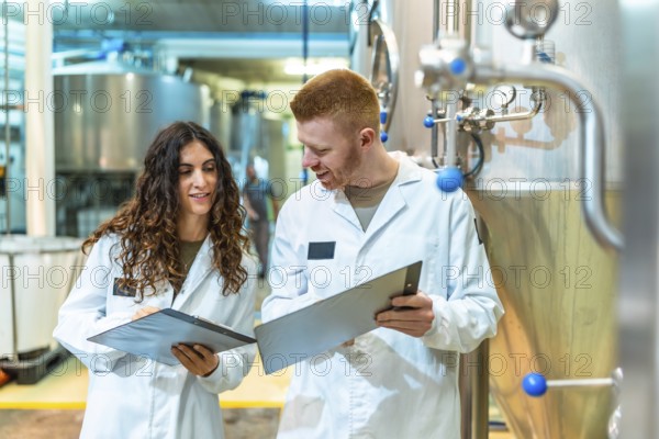 Two brewery workers in lab coats inspecting machinery and documenting processes, ensuring product quality and efficient operation in a modern industrial setting