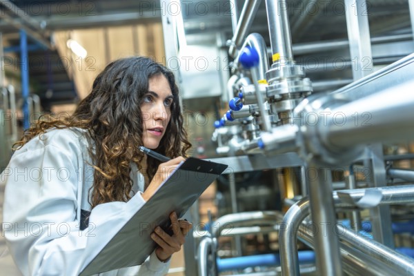 Woman in a white coat diligently checking and documenting the status of stainless steel pipes and valves inside a modern food and beverage production facility