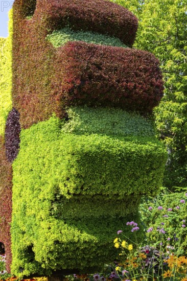 Close-up of Gear sculpture made of live green, maroon and red Alternanthera plants in summer, Laval, Quebec, Canada