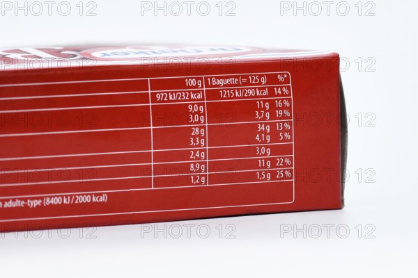Germany - August 2025: Close up of nutritional label on ready to bake baguette with calories and nutrients