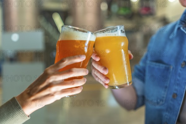 Hands clinking foamy craft beer glasses in a modern brewery taproom, celebrating friendship and fresh golden ales with warm daylight, close up of joyful cheers