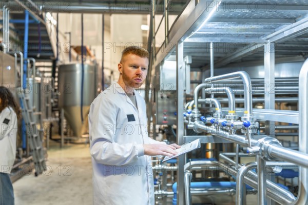 Young male specialist wearing a white lab coat and observing pipes and machinery while holding a clipboard, ensuring quality control and efficient operation in a brewery