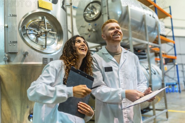 Smiling man and woman in lab coats holding clipboards, overseeing production and quality control in a modern beer brewery, ensuring successful manufacturing process