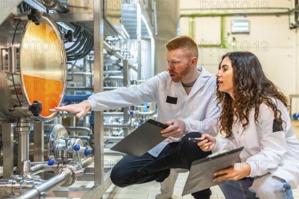 Two professional brewery workers wearing lab coats examining the liquid level inside a stainless steel tank, collaborating and discussing the quality control process in a modern beverage factory