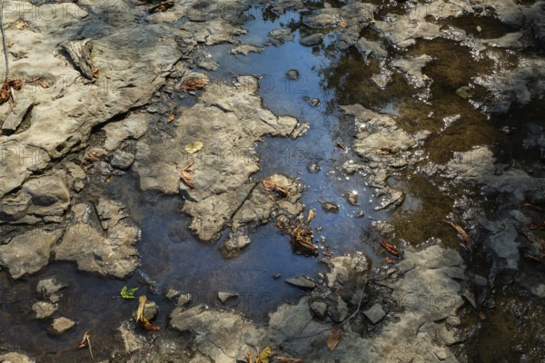 Accidental spilled oil in puddle of water in dried out flat rock river bed due to lack of rainfall during hot and dry summer, Laval, Quebec, Canada