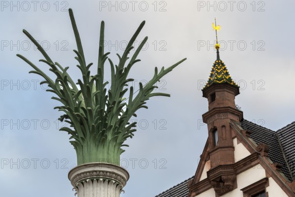 Tower of the Nikolai Church and top of the Nikolai Column, Leipzig, Saxony, Germany