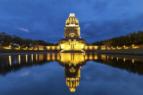 Monument to the Battle of the Nations, Lake of Tears, Blue Hour, Leipzig, Saxony, Germany