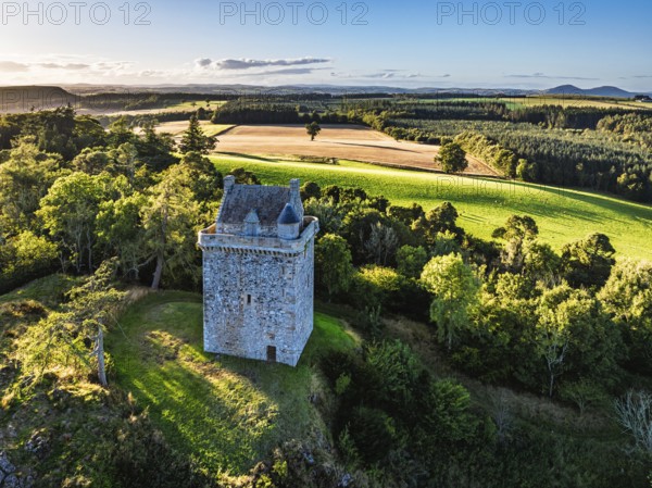 Fatlips Castle from a drone, Minto Crags, River Teviot, Roxburghshire, Scottish Borders, Scotland, UK