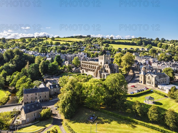 Jedburgh Abbey from a drone, Augustinian Abbey, Jedburgh, Scottish Borders, Scotland, UK