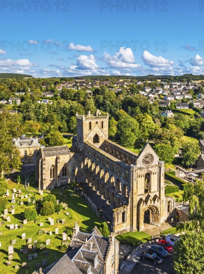 Jedburgh Abbey from a drone, Augustinian Abbey, Jedburgh, Scottish Borders, Scotland, UK