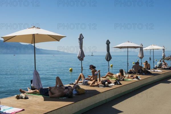 Promenade by the lake, Vevey, Lake Geneva, Lac Léman, Canton of Vaud, Switzerland