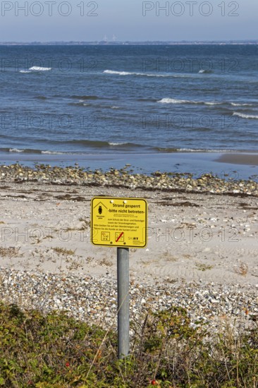 No trespassing sign on the beach, Baltic Sea, Geltinger Birk nature reserve, Nieby, Schleswig-Holstein, Germany